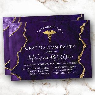 Watercolor Purple Marble Gold Medical Grad Party Invitation