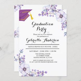 Watercolor Purple Spring Floral Bursts Graduation Invitation