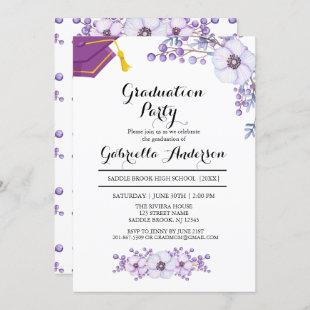 Watercolor Purple Spring Floral Bursts Graduation Invitation
