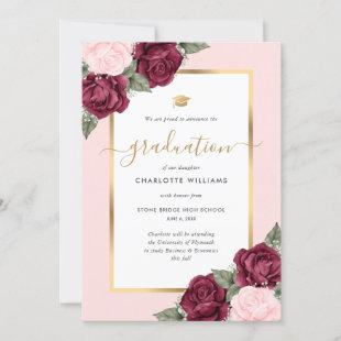 Watercolor Red Blush Pink Gold Floral Graduation Announcement