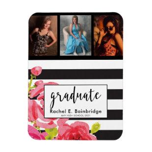 Watercolor Roses & Stripes Photo Graduation Party Magnet