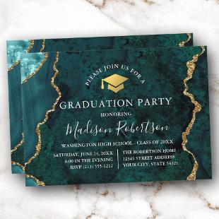 Watercolor Teal Marble Gold Cap Grad Party Invitation