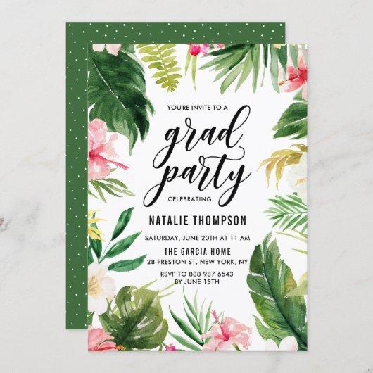 Watercolor Tropical Floral Frame Graduation Party Invitation