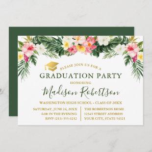 Watercolor Tropical Floral Gold Graduation Party Invitation