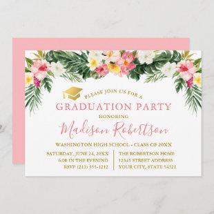 Watercolor Tropical Floral Pink Gold Grad Party Invitation
