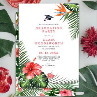 Watercolor Tropical Flowers Greenery Graduation Invitation