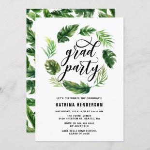 Watercolor Tropical Leaves Wreath Graduation Party Invitation