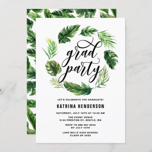 Watercolor Tropical Leaves Wreath Graduation Party Invitation