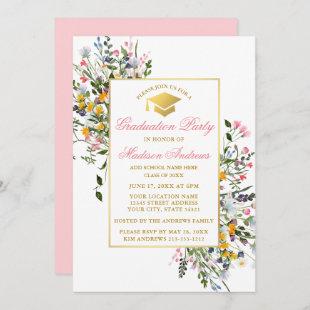 Watercolor Wildflowers Pink Blush Gold Graduation Invitation