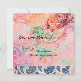 WAVES RUBY, bright red  blue pink gold sparkles Invitation