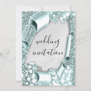 Wedding 3D Effect Frame Florals Silver Aqua Mint Invitation