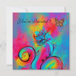WHIMSICAL FLOWERS & BUTTERFLIES pink blue yellow Invitation