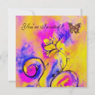 WHIMSICAL FLOWERS & BUTTERFLIES pink blue yellow Invitation
