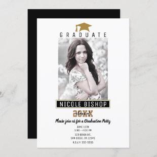 White Black Gold Modern Graduation Photo Party  Invitation