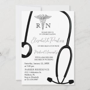 White Black RN Nursing School Graduation Party Invitation