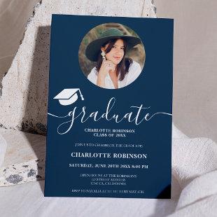 White blue graduate script photo graduation invitation