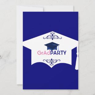 White & Blue Graduation Hat Grad Party Invitation