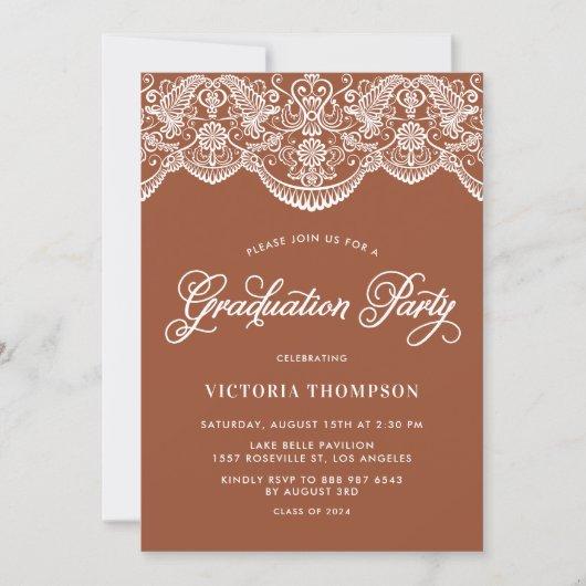White Brocade Lace Terracotta Graduation Party Invitation