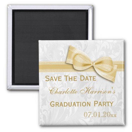 White Damask & Faux Bow Graduation Save The Date Magnet
