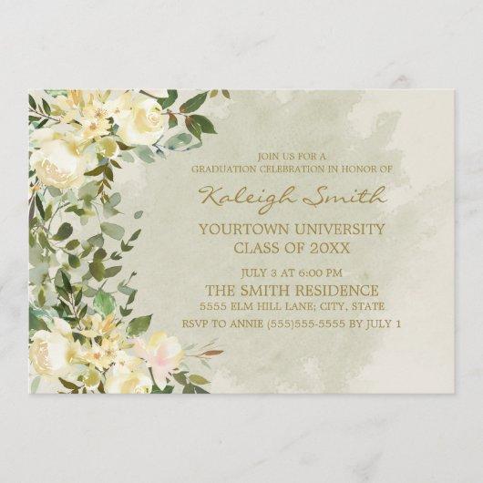 White Floral Sage Green Leaves Graduation Party Invitation