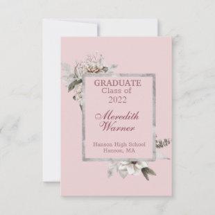 White Floral Silver Frame on Pink Graduation Announcement