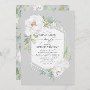 White Flowers and Watercolor Greenery Graduation Invitation