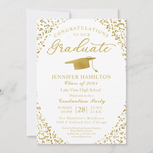 White Gold Confetti Graduation Party Invitation