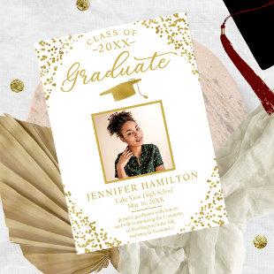 White Gold Confetti Photo Graduation Announcement