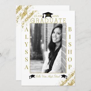 White & Gold Glitter Photo Graduation Graduate Invitation