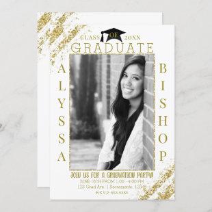 White Gold Glitter Photo Graduation Graduate Party Invitation