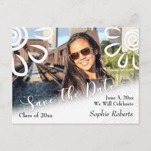 White Graphic Floral Save the Date Graduation Announcement Postcard