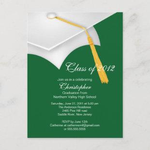 White Green Grad Cap Graduation Party Invitation