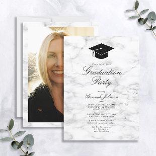 White Marble Cap Photo Graduation Party Invitation