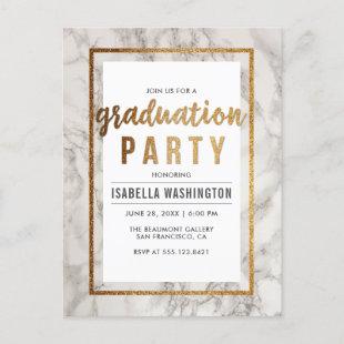 White Marble & Gold Typography Graduation Party Invitation Postcard