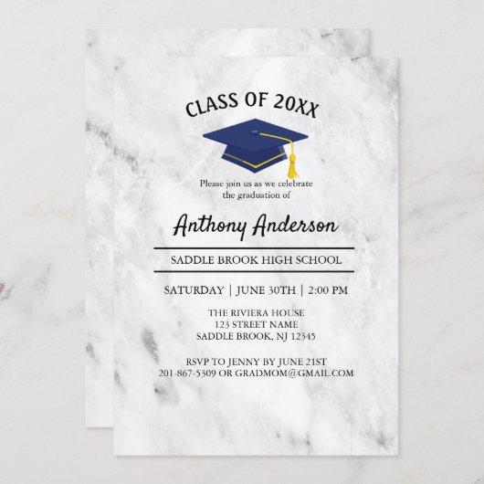 White Marble With Navy Blue Grad Cap Graduation Invitation