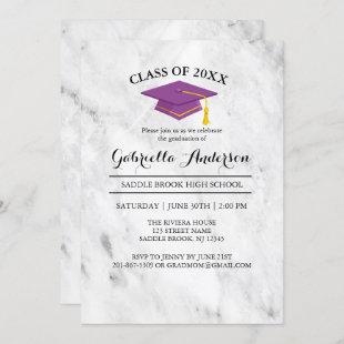 White Marble With Purple Grad Cap Graduation Invitation