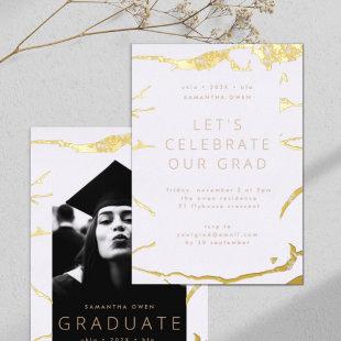 White Modern Graduation Party Gold Marble Foil Invitation