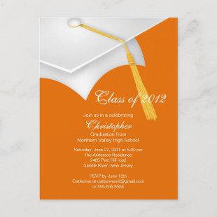 White Orange Grad Cap Graduation Party Invitation