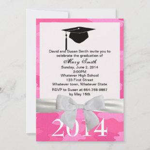 White Ribbon Pink Camouflage Graduation Invitation