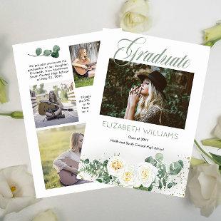 White Roses |Eucalyptus 4 Photo Collage Graduate Announcement