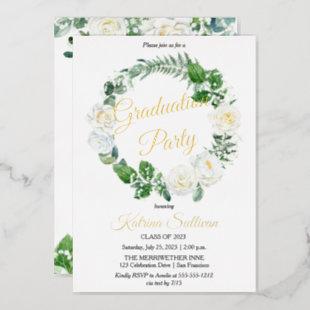 White Roses | Eucalyptus Greenery Graduation 2023 Foil Invitation