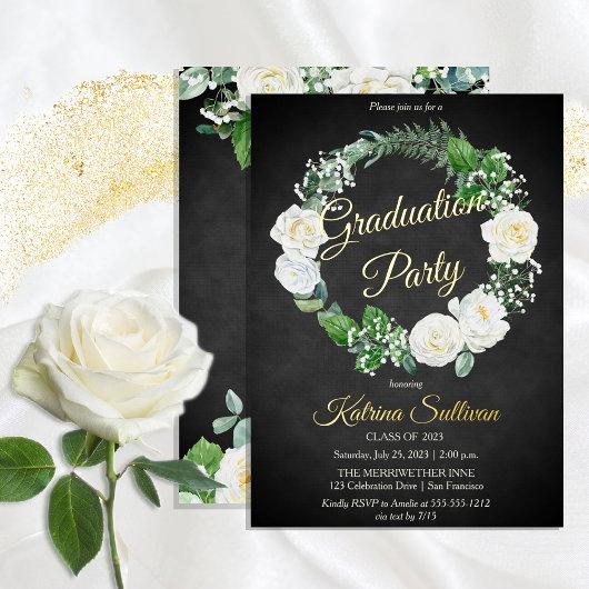 White Roses | Eucalyptus Greenery Graduation Party Foil Invitation