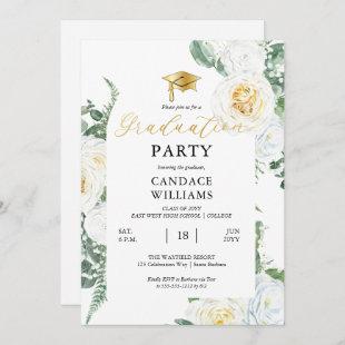 White Roses Floral Frame Graduation Party Invitation