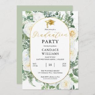 White Roses Floral Gold Frame Graduation Party  Invitation