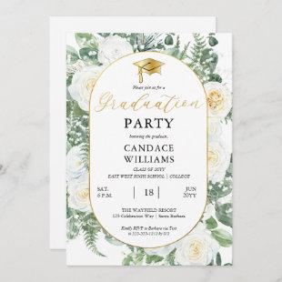 White Roses Floral Gold Frame Graduation Party Invitation