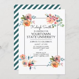 White Teal Pink Floral Stripes College Trunk Party Invitation