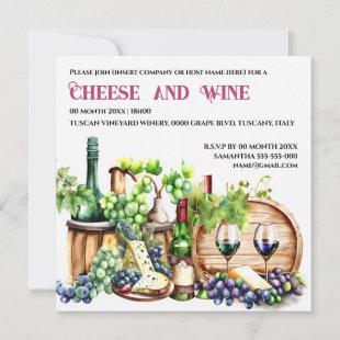 Wine cheese watercolor vineyard winery party invitation
