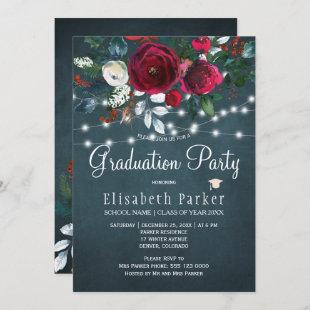 Winter floral elegant burgundy graduation party invitation