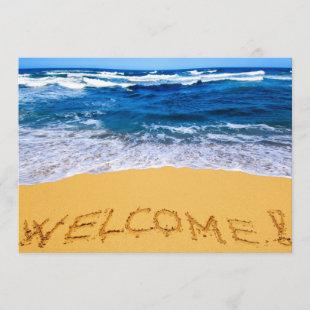Word WELCOME Written on Sandy Beach/Party Invites