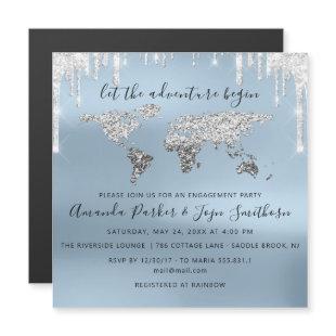 World Destination Map  Globe Bridal Wedding Blue Magnetic Invitation